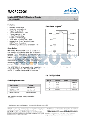 MACPCC0001-TB datasheet - Low Cost SMT 17 dB Bi-Directional Coupler 1700 - 2000 MHz