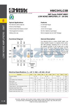 HMC341LC3B datasheet - SMT GaAs PHEMT MMIC LOW NOISE AMPLIFIER, 21 - 29 GHz