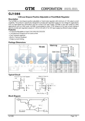 GJ1086 datasheet - 1.5A Low Dropout Positive Adjustable or Fixed-Mode Regulator