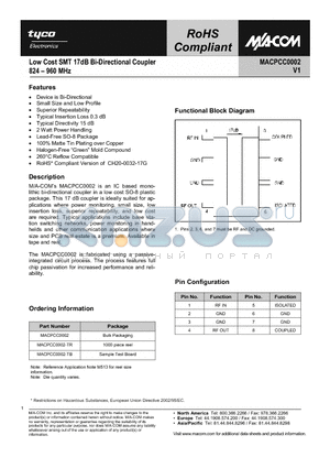 MACPCC0002 datasheet - Low Cost SMT 17dB Bi-Directional Coupler 824-960 MHz