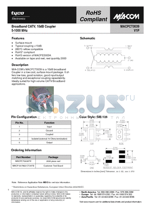 MACPCT0039 datasheet - Broadband CATV, 10dB Coupler 5-1000 MHz