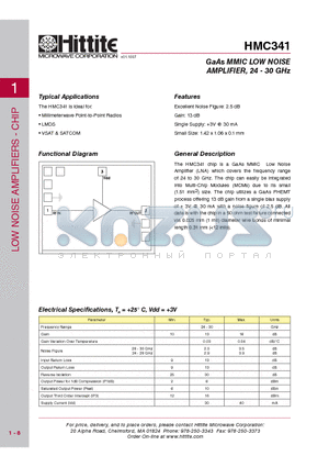 HMC341 datasheet - GaAs MMIC LOW NOISE AMPLIFIER, 24 - 30 GHz