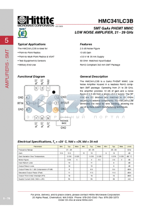 HMC341LC3B datasheet - SMT GaAs PHEMT MMIC LOW NOISE AMPLIFIER, 21 - 29 GHz