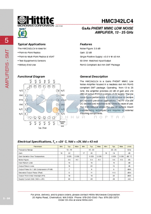HMC342LC4 datasheet - GaAs PHEMT MMIC LOW NOISE AMPLIFIER, 13 - 25 GHz
