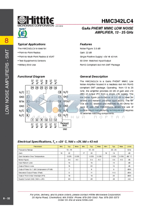HMC342LC4 datasheet - GaAs PHEMT MMIC LOW NOISE AMPLIFIER, 13 - 25 GHz