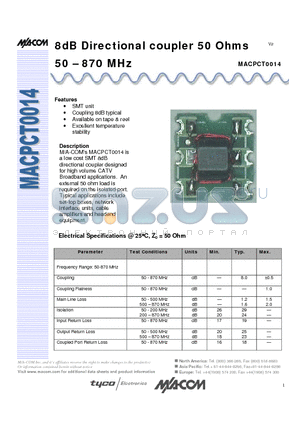 MACPCT0014 datasheet - 8dB Directional coupler 50 Ohms 50 - 870 MHz