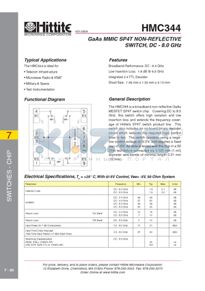 HMC344 datasheet - GaAs MMIC SP4T NON-REFLECTIVE SWITCH, DC - 8.0 GHz