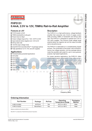 FHP3131IS6X datasheet - 0.4mA, 2.5V to 12V, 70MHz Rail-to-Rail Amplifier