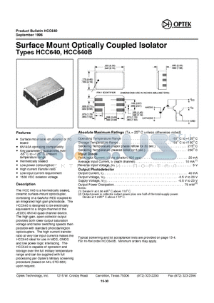 HCC640 datasheet - Surface Mount Optically Coupled Isolator