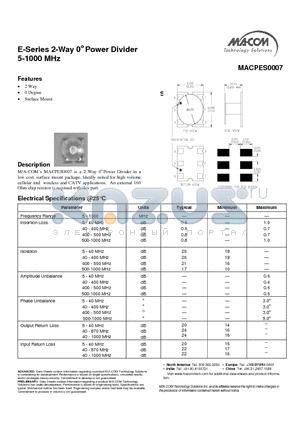 MACPES0007 datasheet - E-Series 2-Way 0o Power Divider 5-1000 MHz