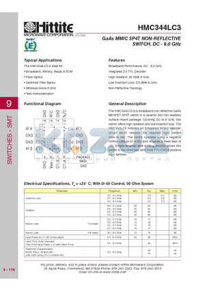 HMC344LC3 datasheet - GaAs MMIC SP4T NON-REFLECTIVE SWITCH, DC - 8.0 GHz