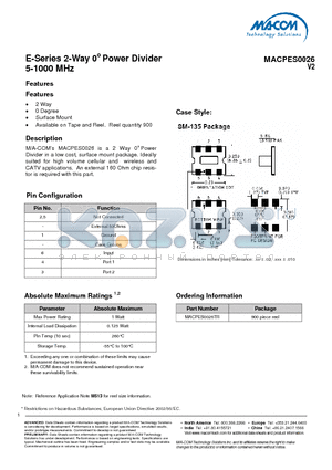 MACPES0026TR datasheet - E-Series 2-Way 0o Power Divider 5-1000 MHz