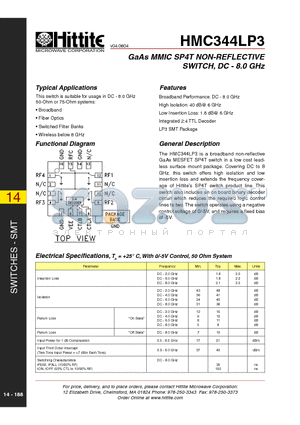 HMC344LP3 datasheet - GaAs MMIC SP4T NON-REFLECTIVE SWITCH, DC - 8.0 GHz