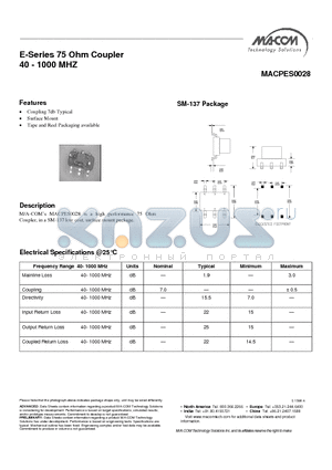 MACPES0028 datasheet - E-Series 75 Ohm Coupler 40 - 1000 MHZ