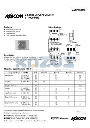 MACPES0050 datasheet - E-Series 75 Ohm Coupler 5 - 1000 MHZ