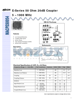 MACPES0054 datasheet - E-Series 50 Ohm 20dB Coupler 5 - 1000 MHz