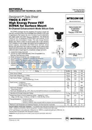 MTB33N10E datasheet - TMOS POWER FET 33 AMPERES 100 VOLTS