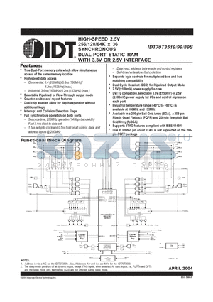 IDT70T3519S166BC datasheet - HIGH-SPEED 2.5V 256/128/64K x 36 SYNCHRONOUS DUAL-PORT STATIC RAM WITH 3.3V OR 2.5V INTERFACE