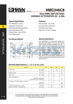 HMC346C8 datasheet - GaAs MMIC SMT VOLTAGEVARIABLE ATTENUATOR, DC - 8 GHz