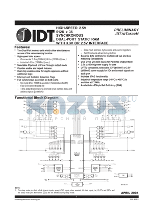 IDT70T3539MS166BCI datasheet - HIGH-SPEED 2.5V 512K x 36 SYNCHRONOUS DUAL-PORT STATIC RAM WITH 3.3V OR 2.5V INTERFACE