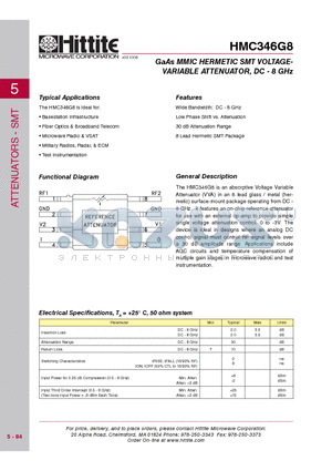 HMC346G8_08 datasheet - GaAs MMIC HERMETIC SMT VOLTAGE-VARIABLE ATTENUATOR, DC - 8 GHz