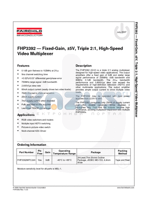 FHP3392 datasheet - Fixed-Gain, a5V, Triple 2:1, High-Speed Video Multiplexer