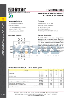 HMC346LC3B datasheet - GaAs MMIC VOLTAGE-VARIABLE ATTENUATOR, DC - 18 GHz