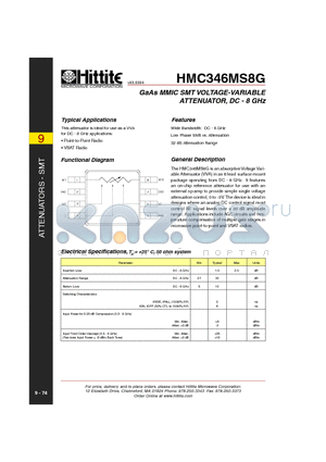 HMC346MS8G datasheet - GaAs MMIC SMT VOLTAGE-VARIABLE ATTENUATOR, DC - 8 GHz