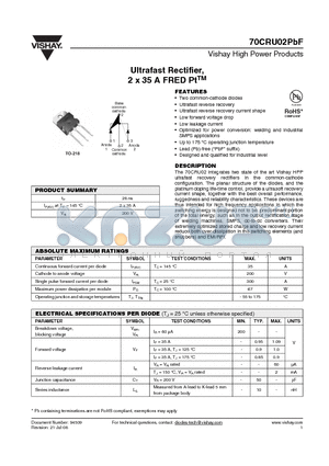 70CRU02PBF datasheet - Ultrafast Rectifier, 2 x 35 A FRED PtTM