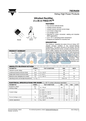 70CRU04 datasheet - Ultrafast Rectifier, 2 x 35 A FRED PtTM