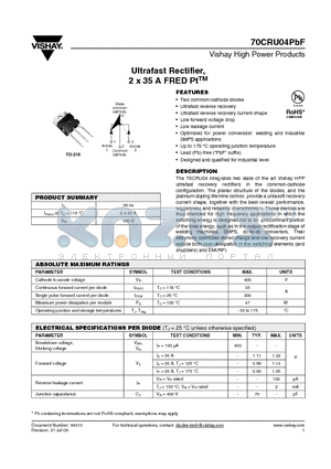 70CRU04PBF datasheet - Ultrafast Rectifier, 2 x 35 A FRED PtTM