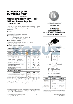 MJW1302A datasheet - 15 AMPERES COMPLEMENTARY SILICON POWER TRANSISTORS 230 VOLTS 200 WATTS