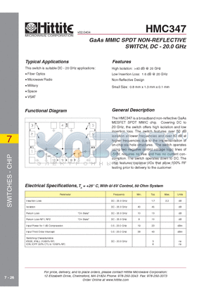 HMC347 datasheet - GaAs MMIC SPDT NON-REFLECTIVE SWITCH, DC - 20.0 GHz