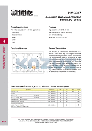 HMC347 datasheet - GaAs MMIC SPDT NON-REFLECTIVE SWITCH, DC - 20 GHz