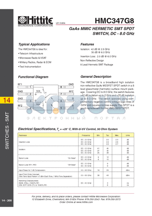 HMC347G8 datasheet - GaAs MMIC HERMETIC SMT SPDT SWITCH, DC - 8.0 GHz