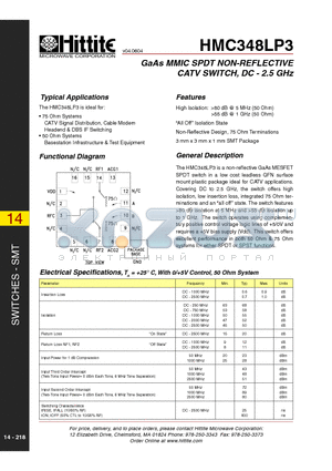 HMC348LP3 datasheet - GaAs MMIC SPDT NON-REFLECTIVE CATV SWITCH, DC - 2.5 GHz