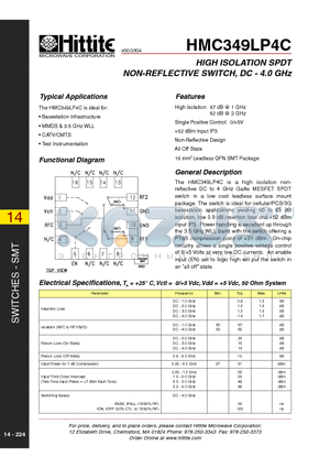 HMC349LP4C datasheet - HIGH ISOLATION SPDT NON-REFLECTIVE SWITCH, DC - 4.0 GHz