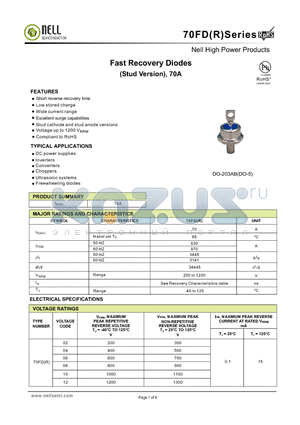 70FDR10A datasheet - Fast Recovery Diodes (Stud Version), 70A