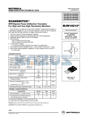 MJW16212 datasheet - POWER TRANSISTOR 10 AMPERES 1500 VOLTS - VCES 50 AND 150 WATTS