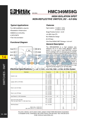 HMC349MS8G datasheet - HIGH ISOLATION SPDT NON-REFLECTIVE SWITCH, DC - 4.0 GHz