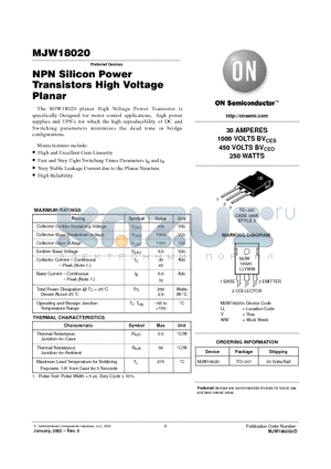 MJW18020 datasheet - NPN Silicon Power Transistors High Voltage Planar