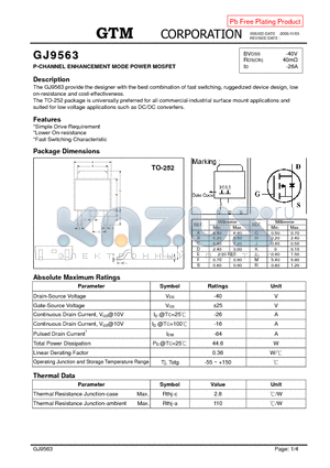 GJ9563 datasheet - P-CHANNEL ENHANCEMENT MODE POWER MOSFET