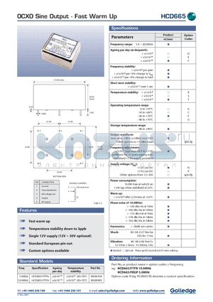 HCD665/FRGP datasheet - OCXO Sine Output - Fast Warm Up