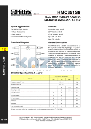 HMC351S8 datasheet - GaAs MMIC HIGH IP3 DOUBLEBALANCED MIXER, 0.7 - 1.2 GHz