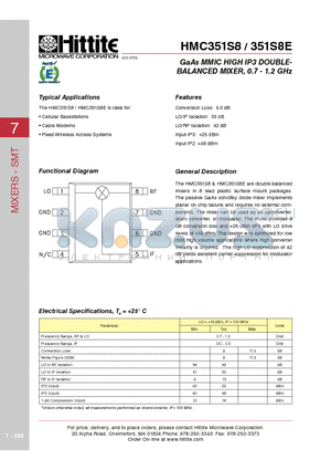 HMC351S8 datasheet - GaAs MMIC HIGH IP3 DOUBLEBALANCED MIXER, 0.7 - 1.2 GHz