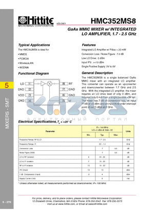 HMC352MS8 datasheet - GaAs MMIC MIXER w/ INTEGRATED LO AMPLIFIER, 1.7 - 2.5 GHz