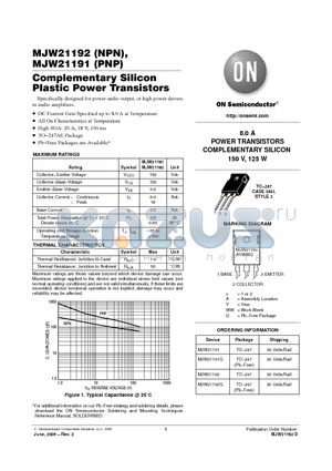 MJW21192G datasheet - 8.0 A POWER TRANSISTORS COMPLEMENTARY SILICON 150 V, 125 W