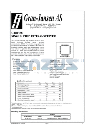 GJRF400 datasheet - SINGLE CHIP RF TRANSCEIVER