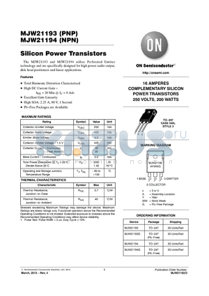 MJW21193G datasheet - Silicon Power Transistors