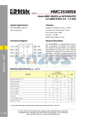 HMC353MS8 datasheet - GaAs MMIC MIXER w/ INTEGRATED LO AMPLIFIER, 0.8 - 1.2 GHz